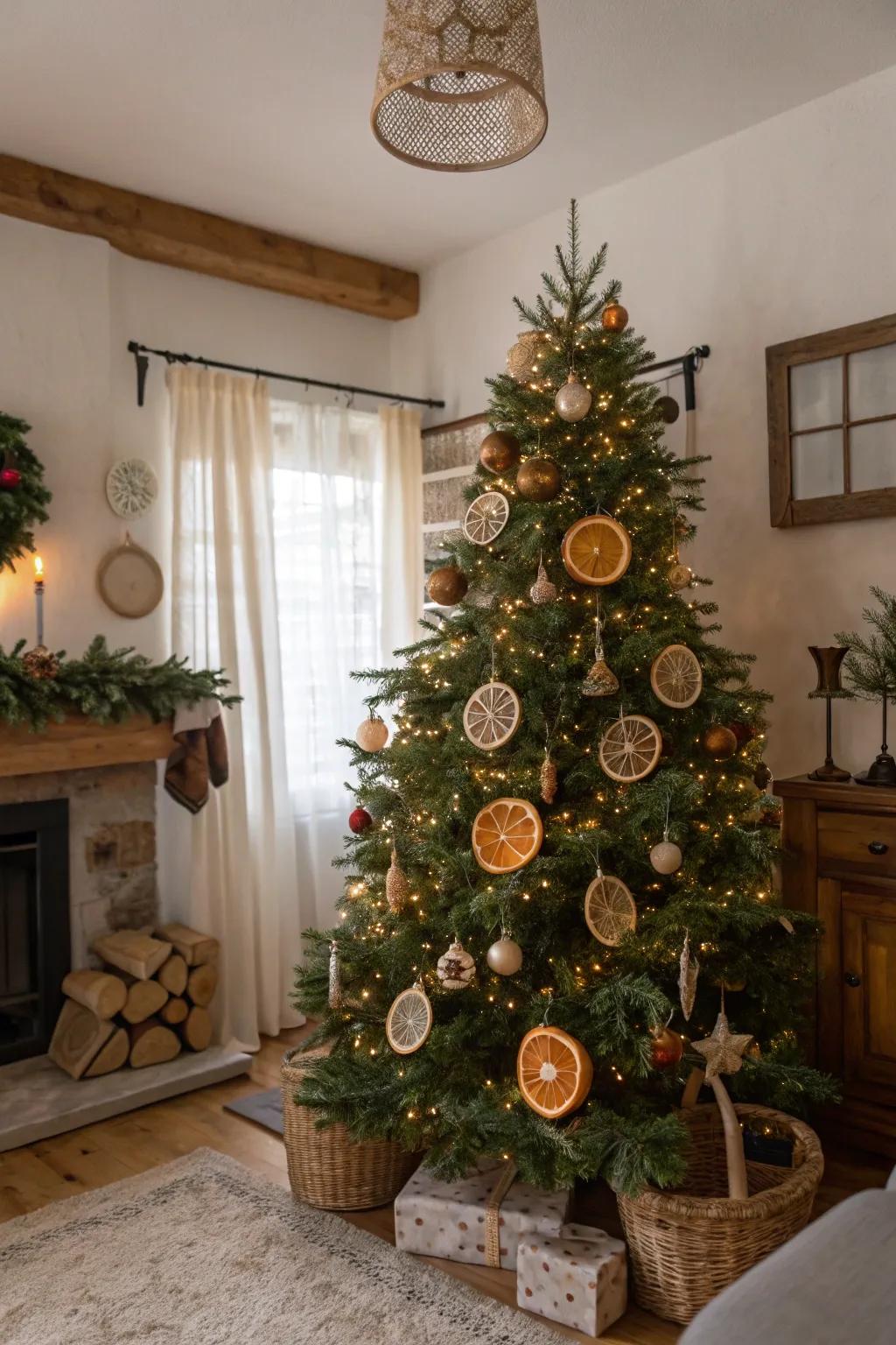 Preserved citrus adornments introduce an earth-inspired and fragrant touch to this tree.