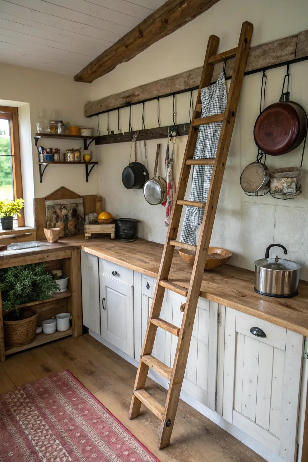 Rustic kitchen storage solution with a ladder