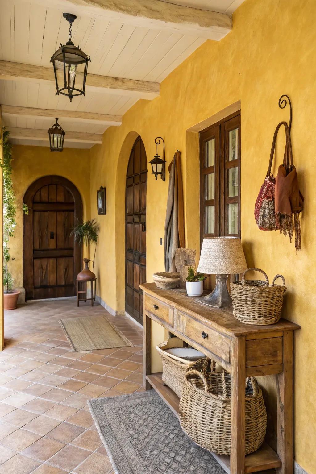Gold tone walls create a sunny, welcoming entryway.