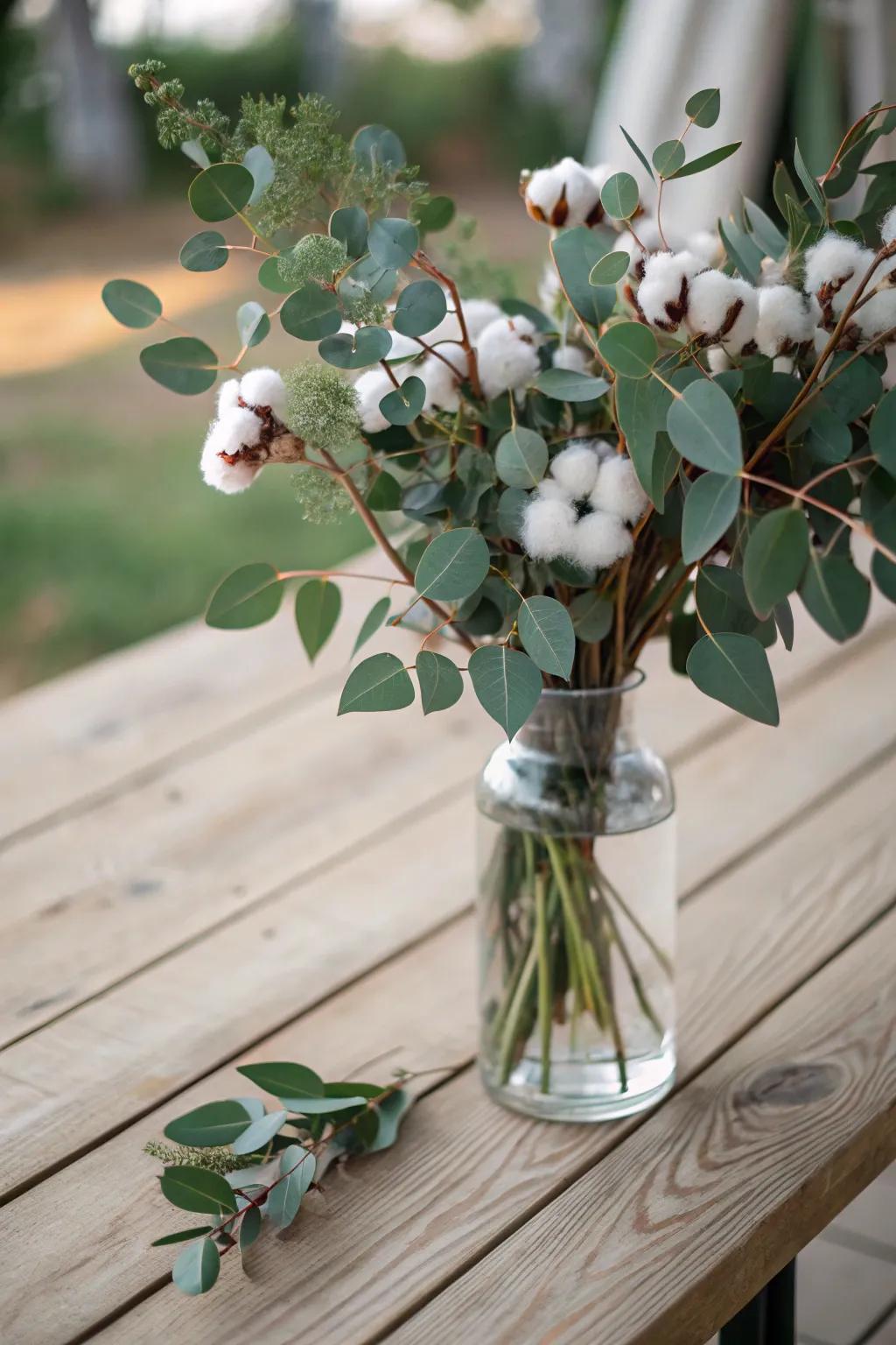 Eucalyptus intertwined with cotton bestow a delicate, organic visual for your centerpiece.