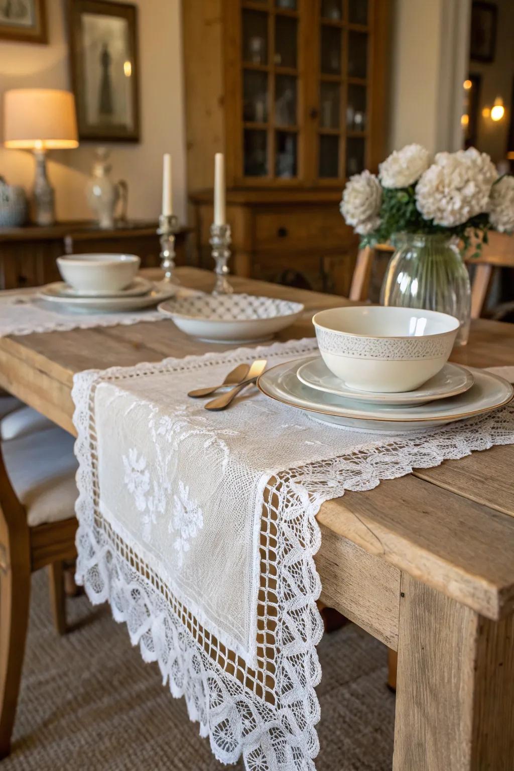Lace accents add a romantic, vintage touch.