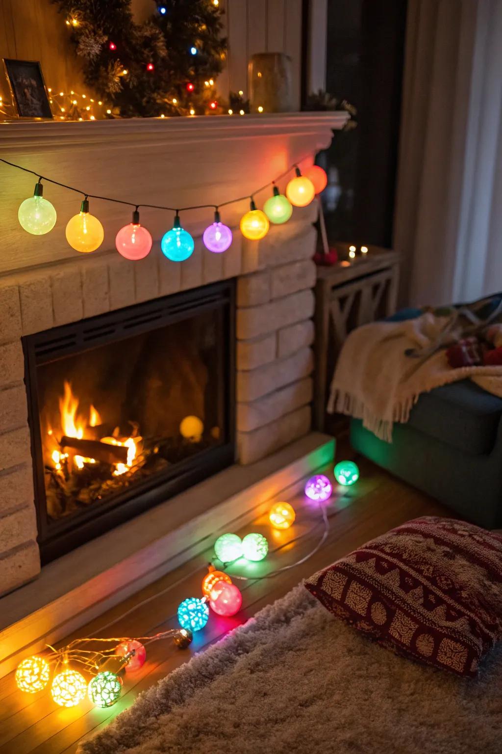 Colored bulbs present a lively attribute to fireplace illumination.