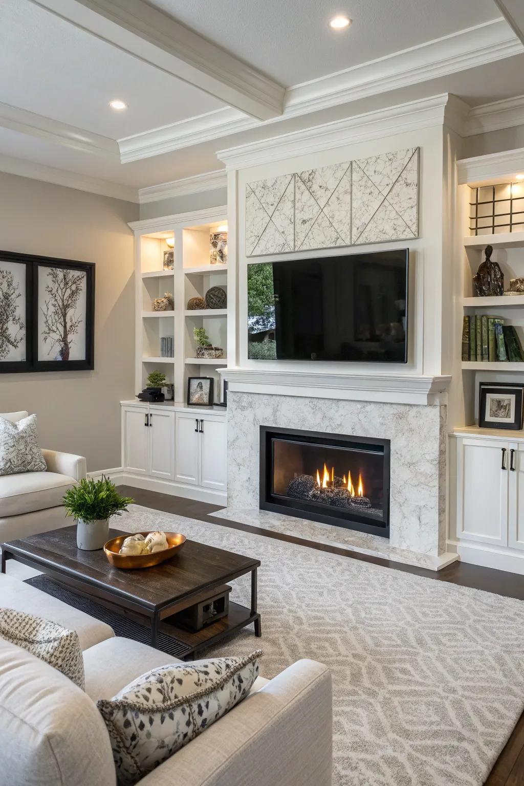 A modern living space showcasing a streamlined fireplace and integrated television.