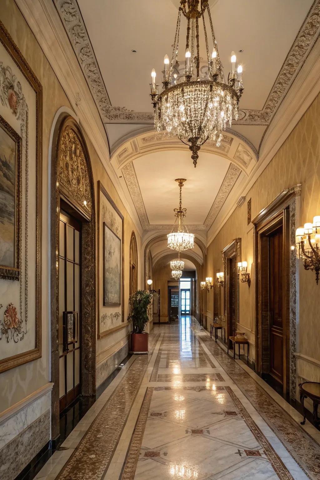 Stone floors blend luxury with robust design for high-traffic zones.