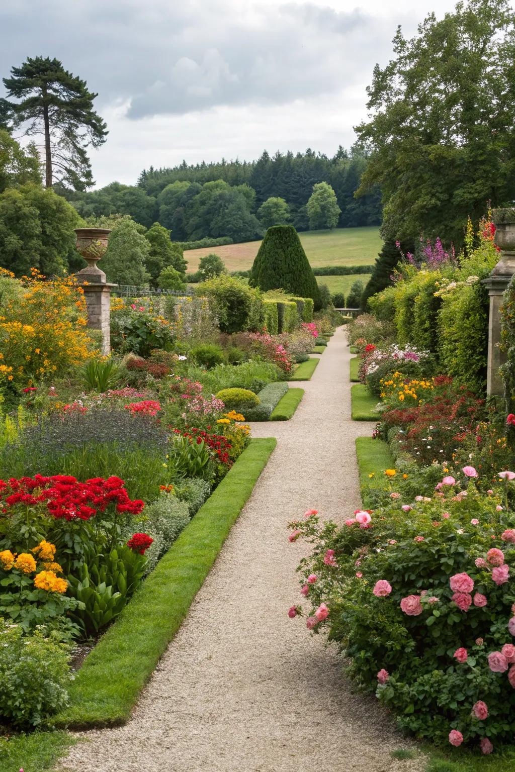 A Mediterranean-inspired floral border featuring gravel paths and vibrant blooms.
