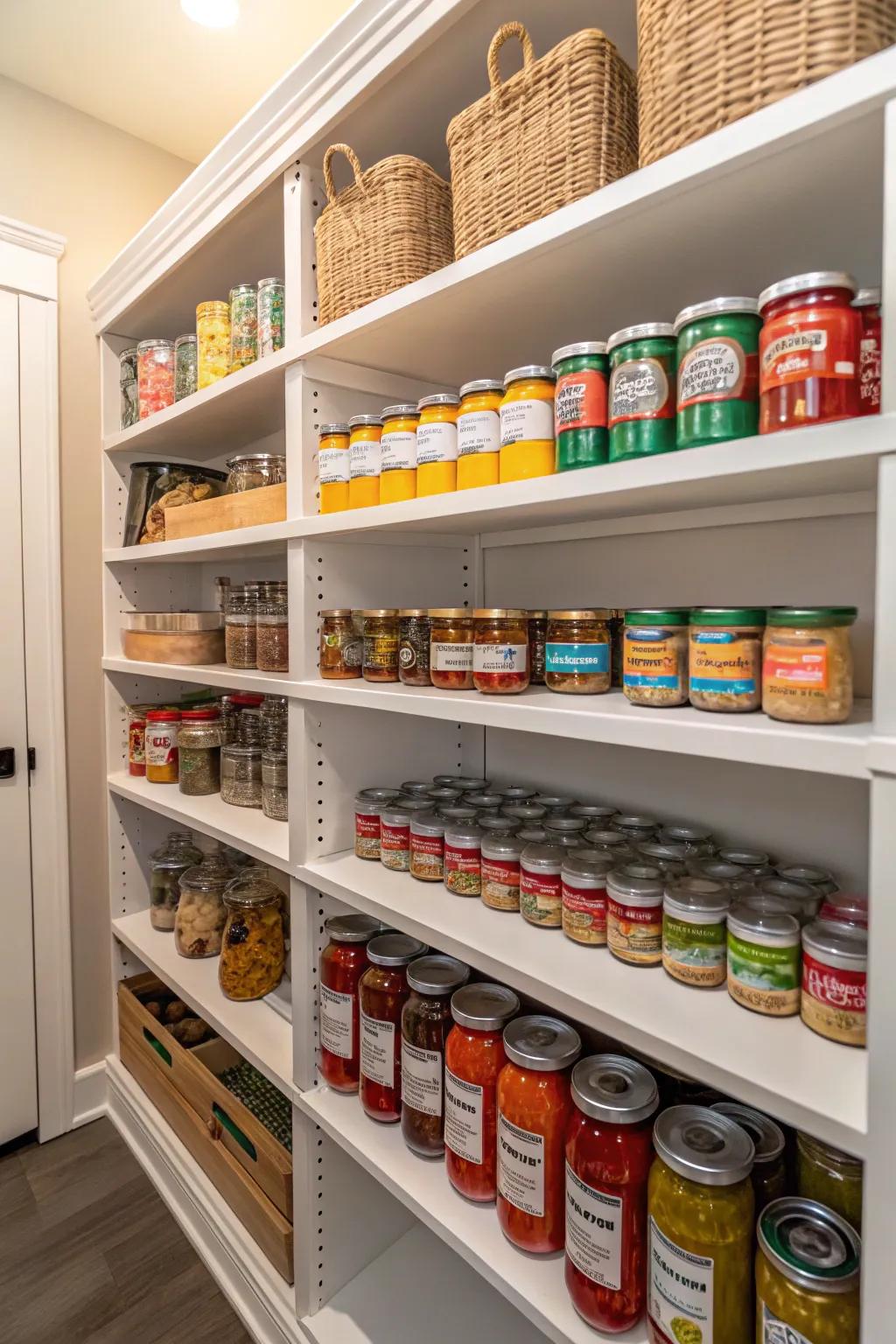 Tiered shelving increases visibility and storage capacity.