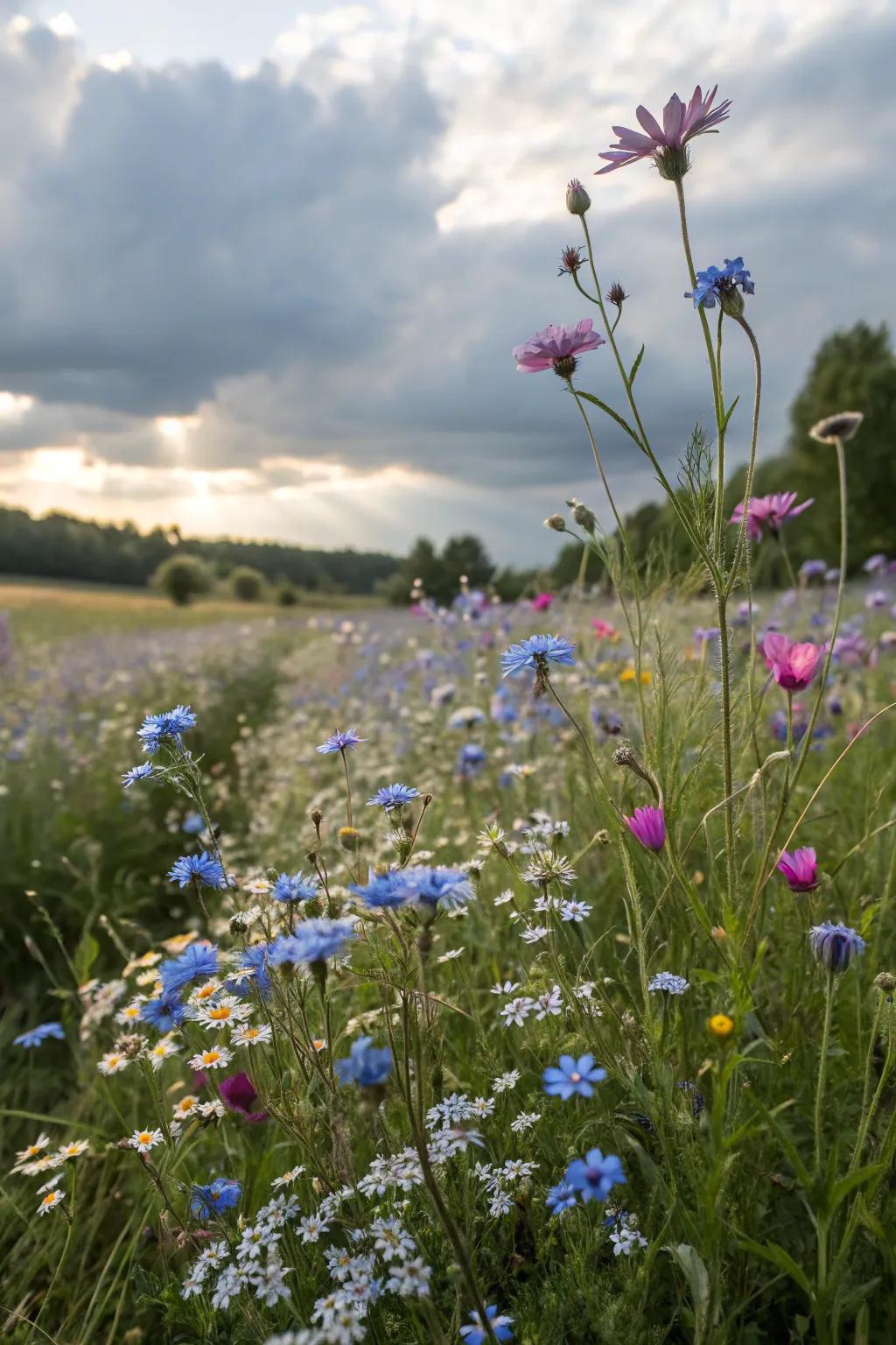 Wild bloom prairies with forget-me-nots exude countryside allure.