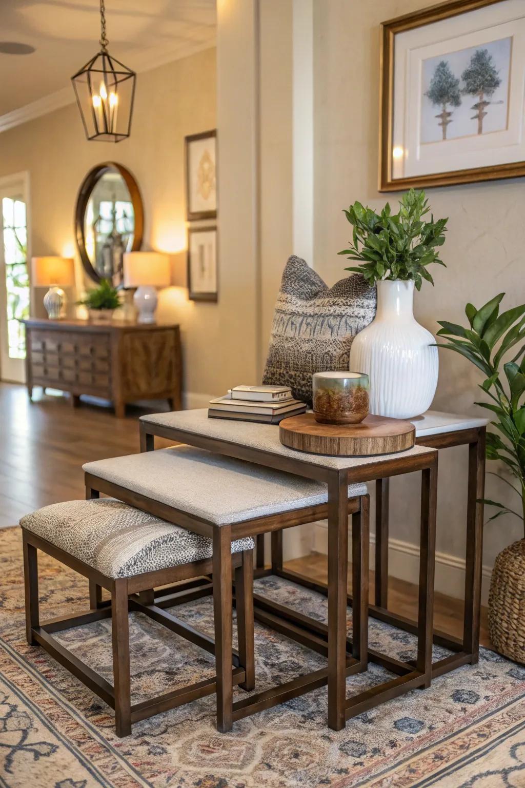 Stacking tables can maximize space and add charm to an entryway.