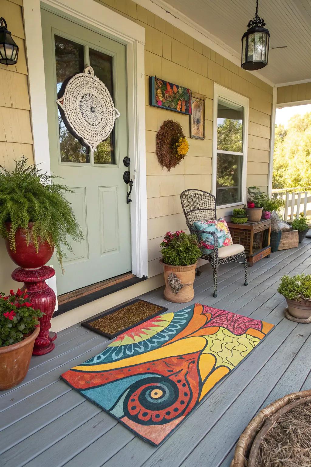 A painted doormat showcasing abstract art.
