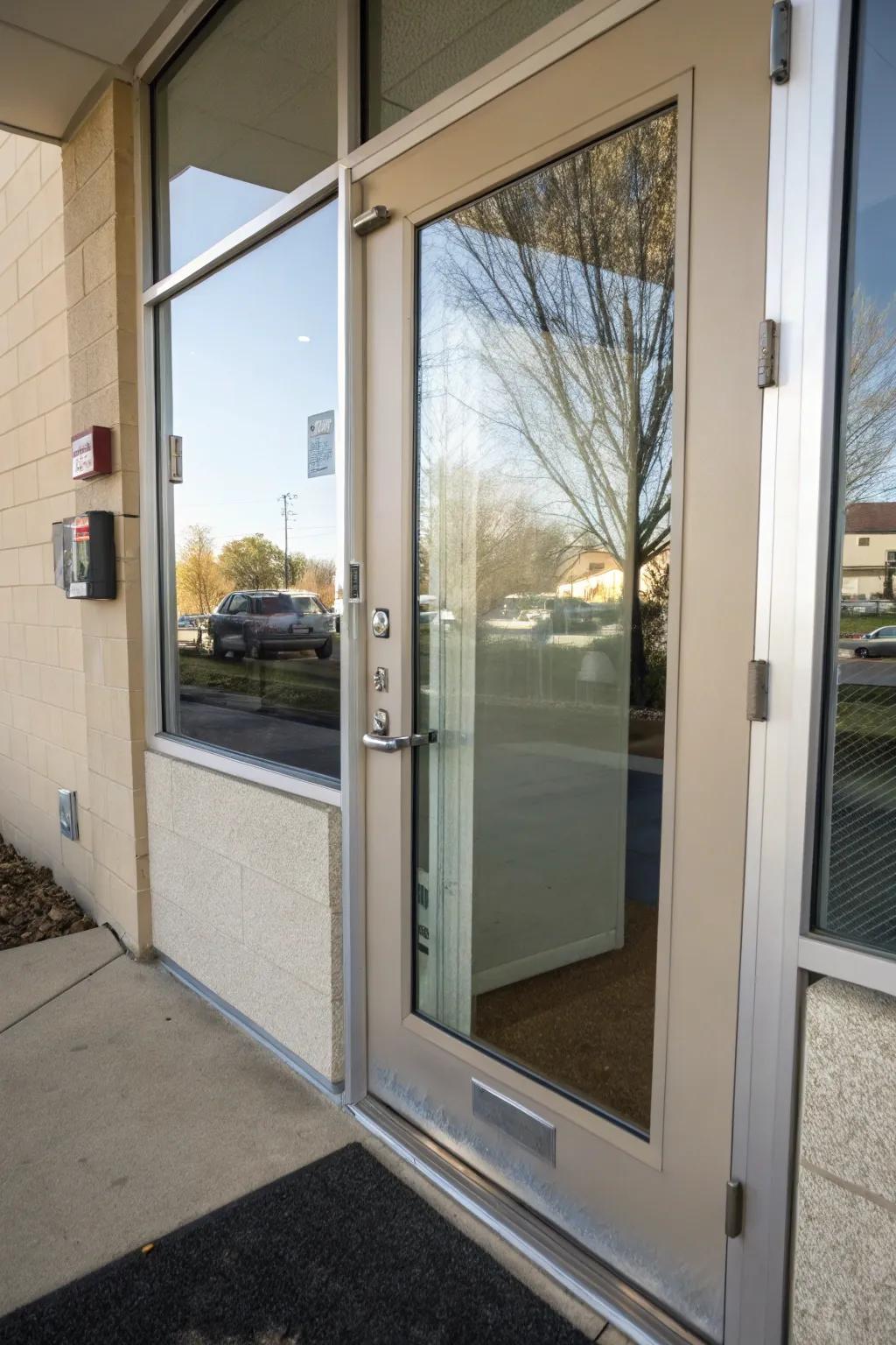 A front door equipped with one-way reflection film for enhanced privacy.