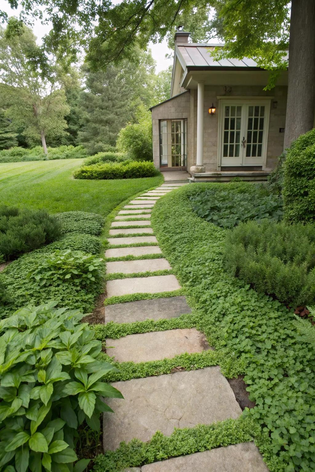Stepping stones present a simple, refined path amidst greenery.