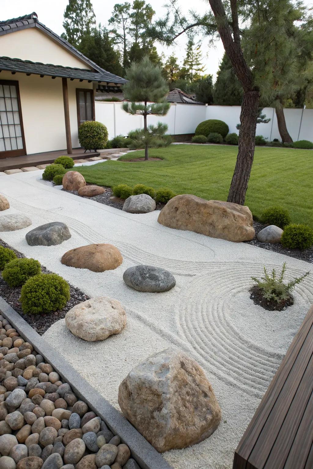 A Zen garden establishes a soothing zone in any outdoor area.