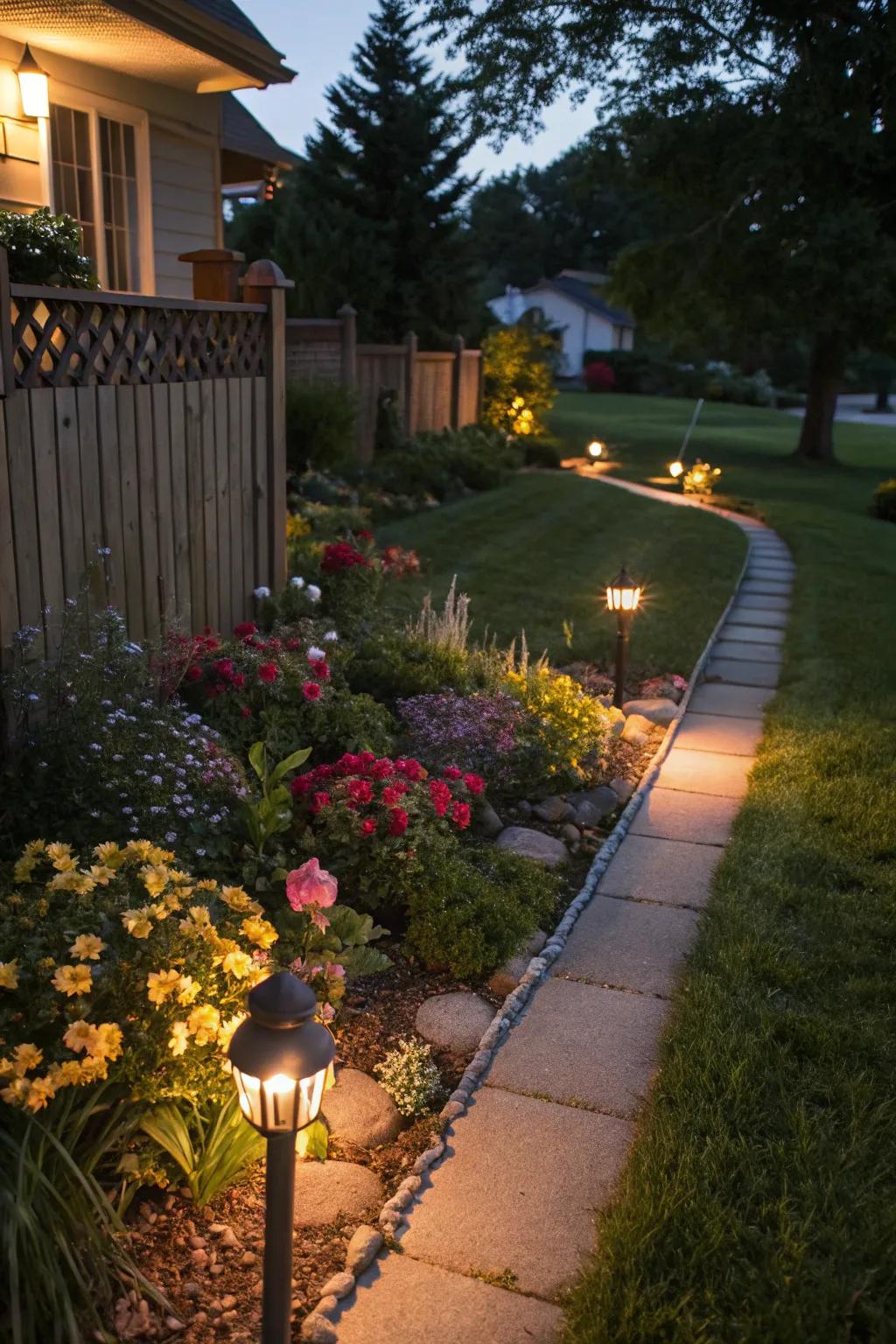Craft an enchanting evening ambiance with lighting in your flower beds.