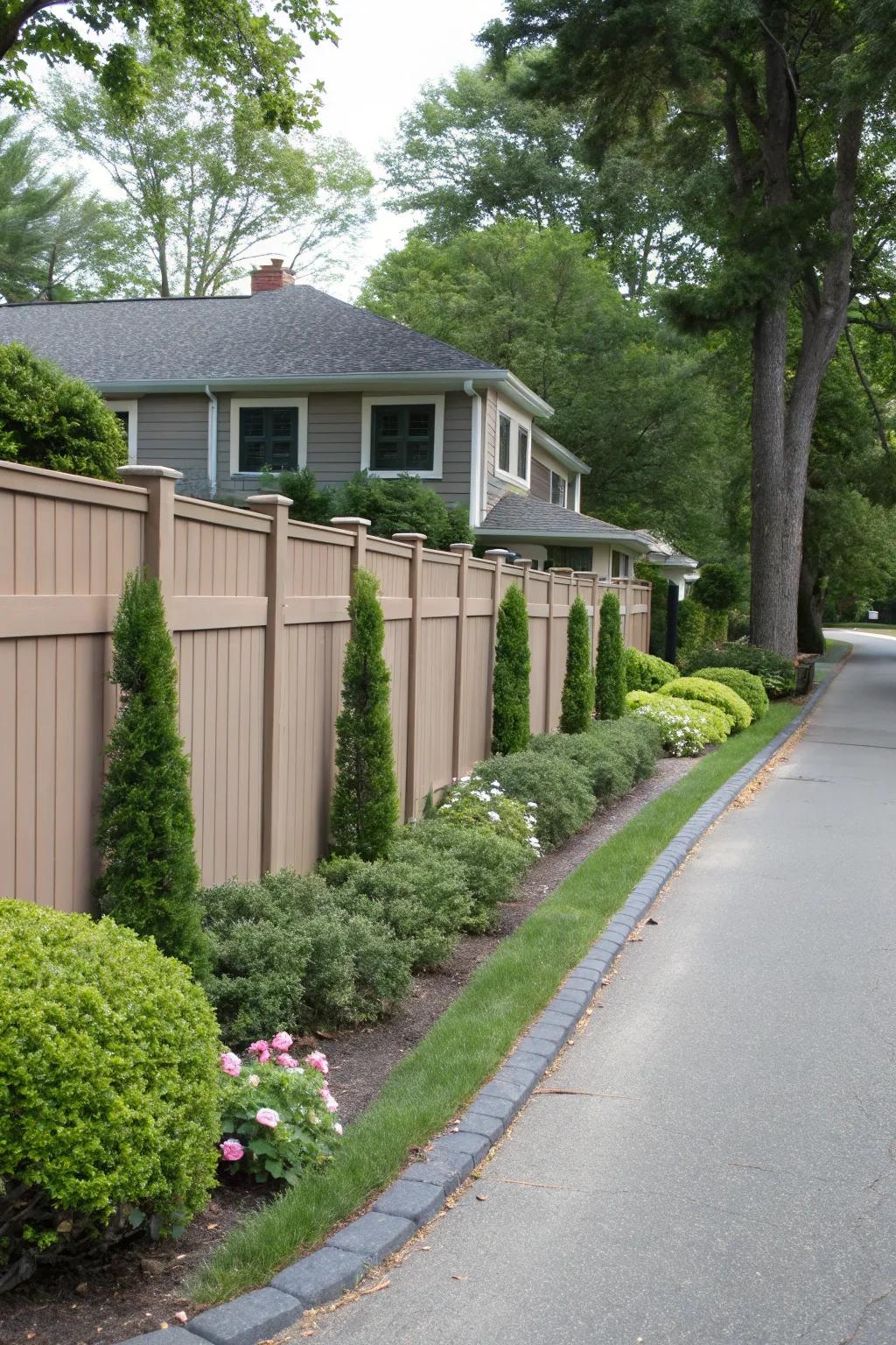 An eco-friendly composite boundary offers durability and sustainability for this modern home.