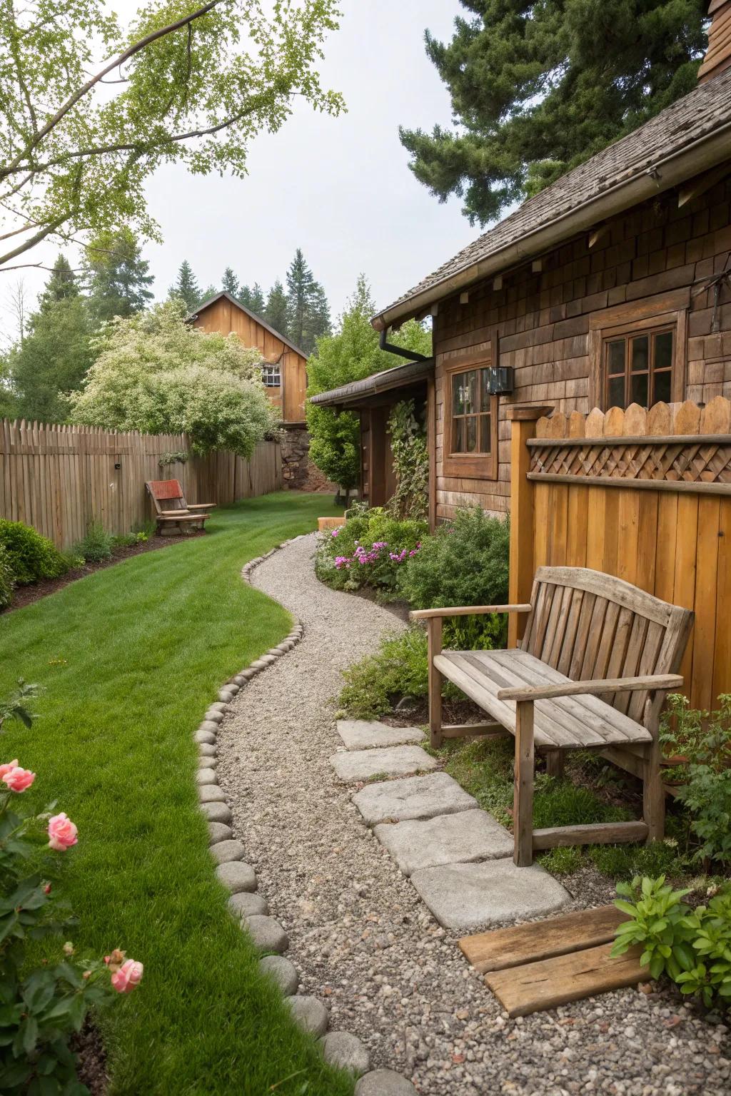 Countryside timber accents impart warmth to gravel pathways.