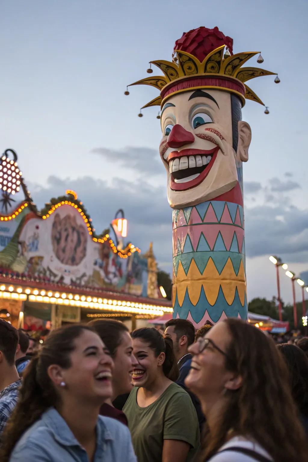 Totems featuring funny faces introduce personalized humor to festival audiences.