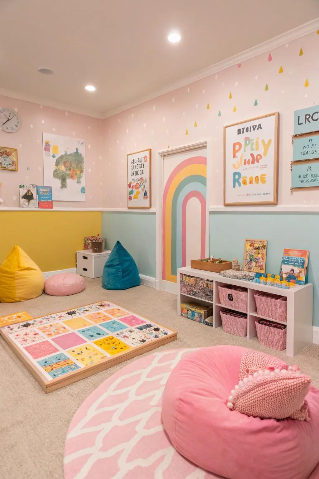 Soft tone hues bring a cheerful and playful vibe to the game room.