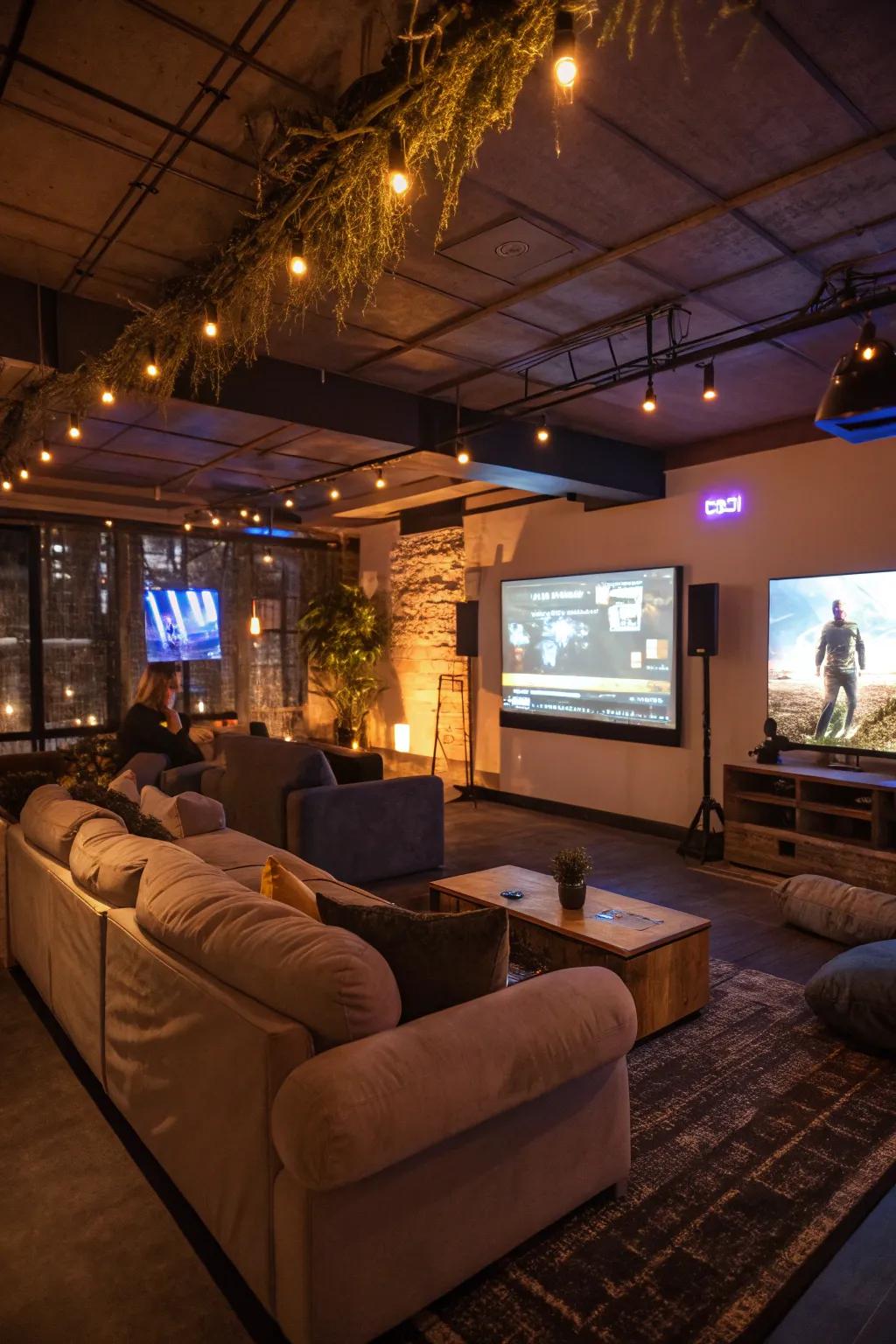 Ambient radiance boosts the immersive feel within a gaming lounge.