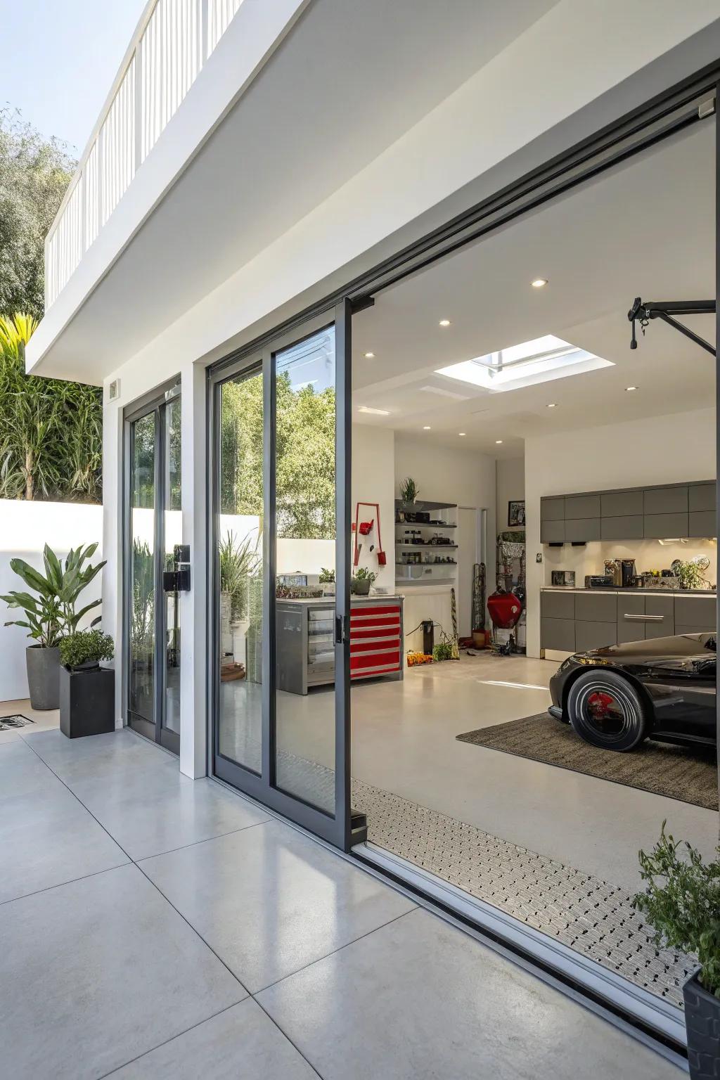 A garage featuring fashionable and practical glass doors.