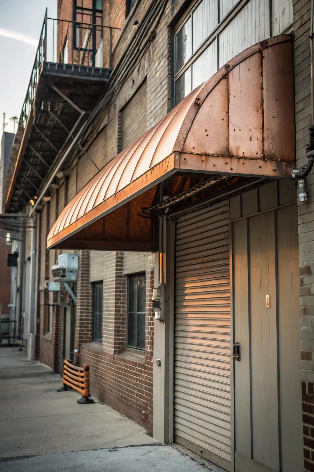 Unique classic copper awning with industrial charm.