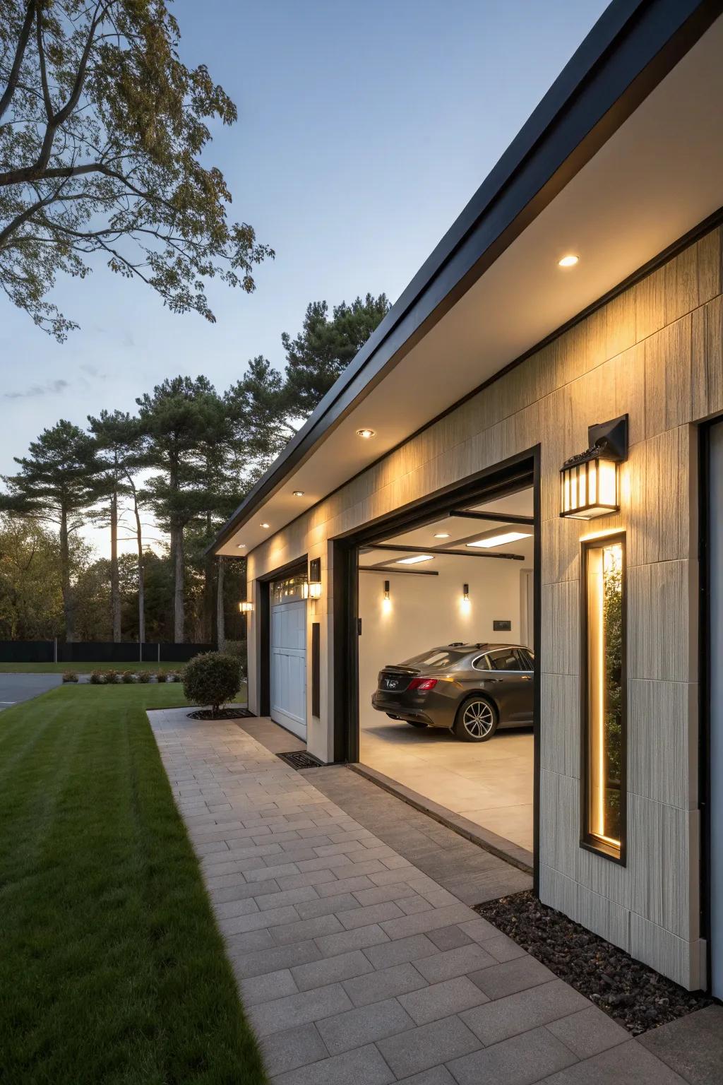 A garage showcasing unique lighting fixtures that add a stylish touch.