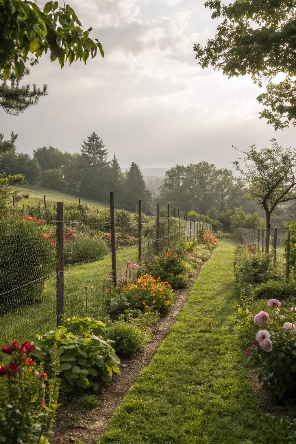 An electric barrier provides a subtle yet effective defense for garden protection.