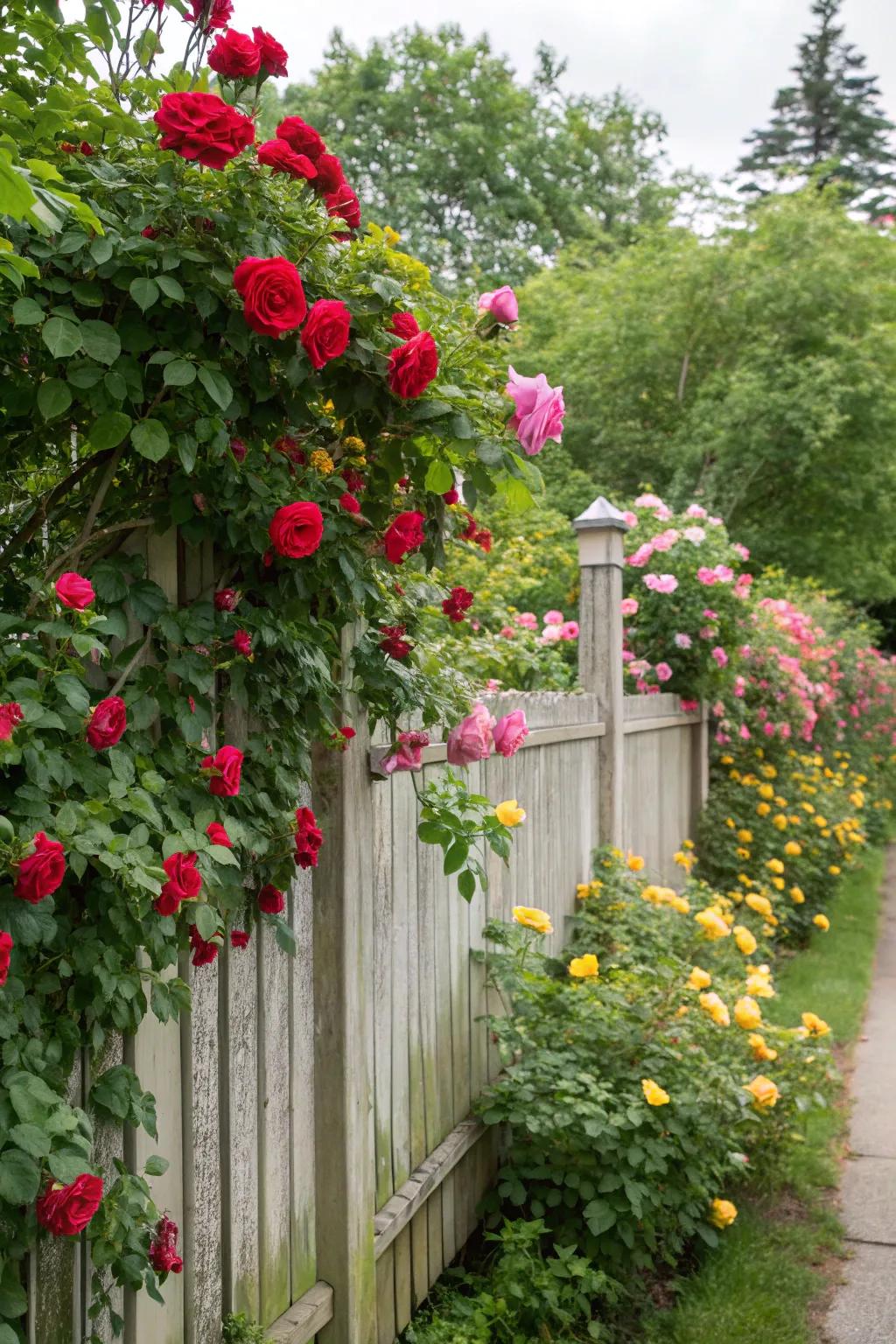 Climbing flora transforms fences into vibrant, dynamic walls.