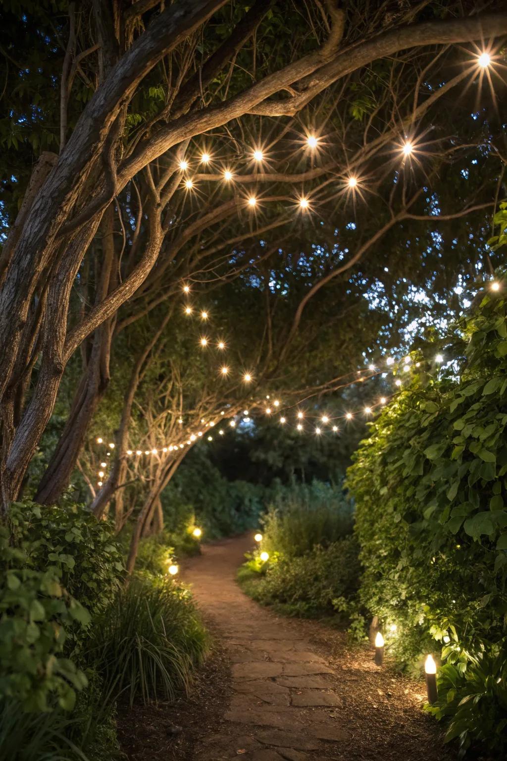 Twinkling lights crafting a magical mood in the garden.