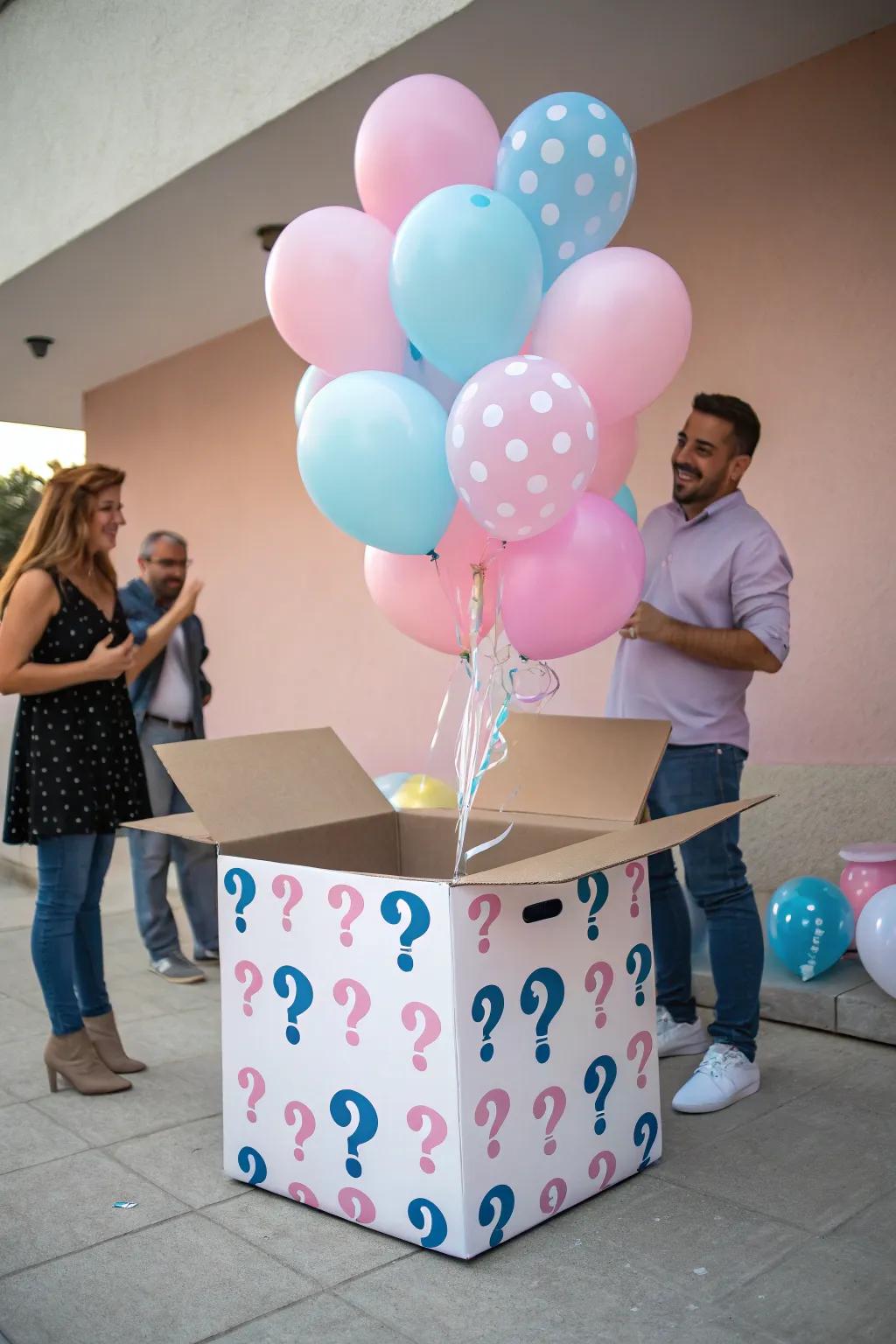 A surprise box containing balloons for an exhilarating reveal.