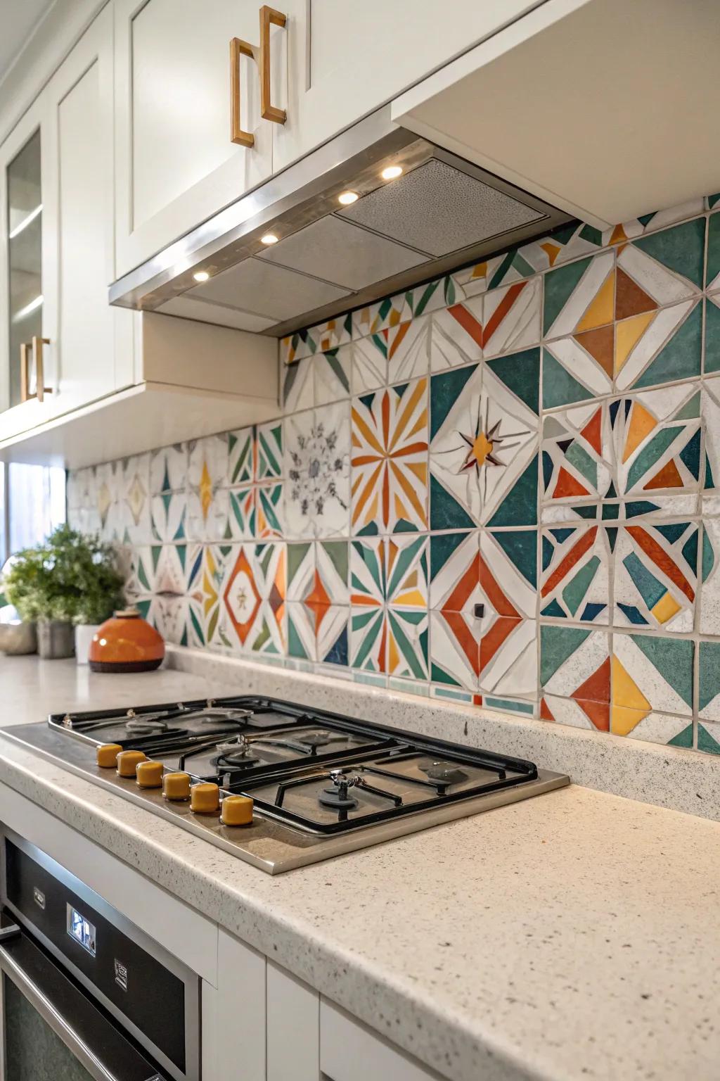 Tessellated tiles produce a distinct, fashionable kitchen backdrop.