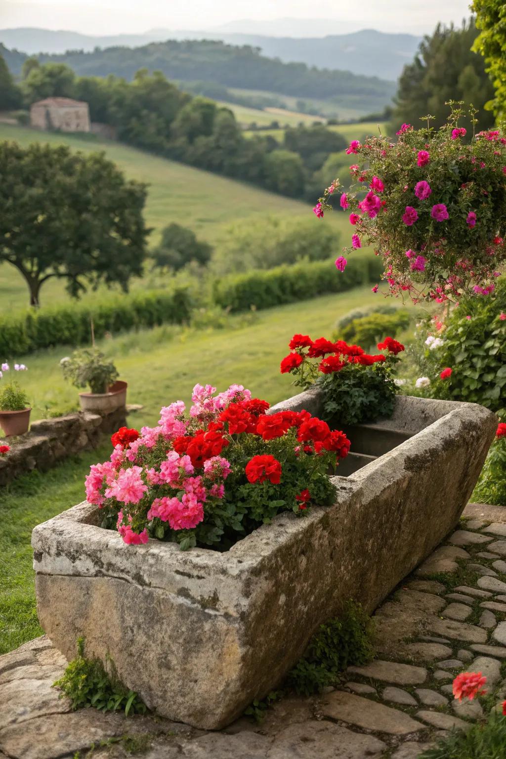 A timeless boulder watering place, overflowing with blooming geraniums, nestled in a lush garden.