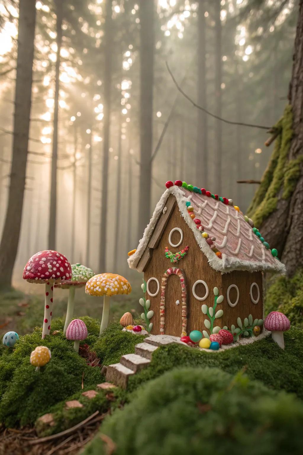 A gingerbread structure nestled within a captivating bewitched timberland.
