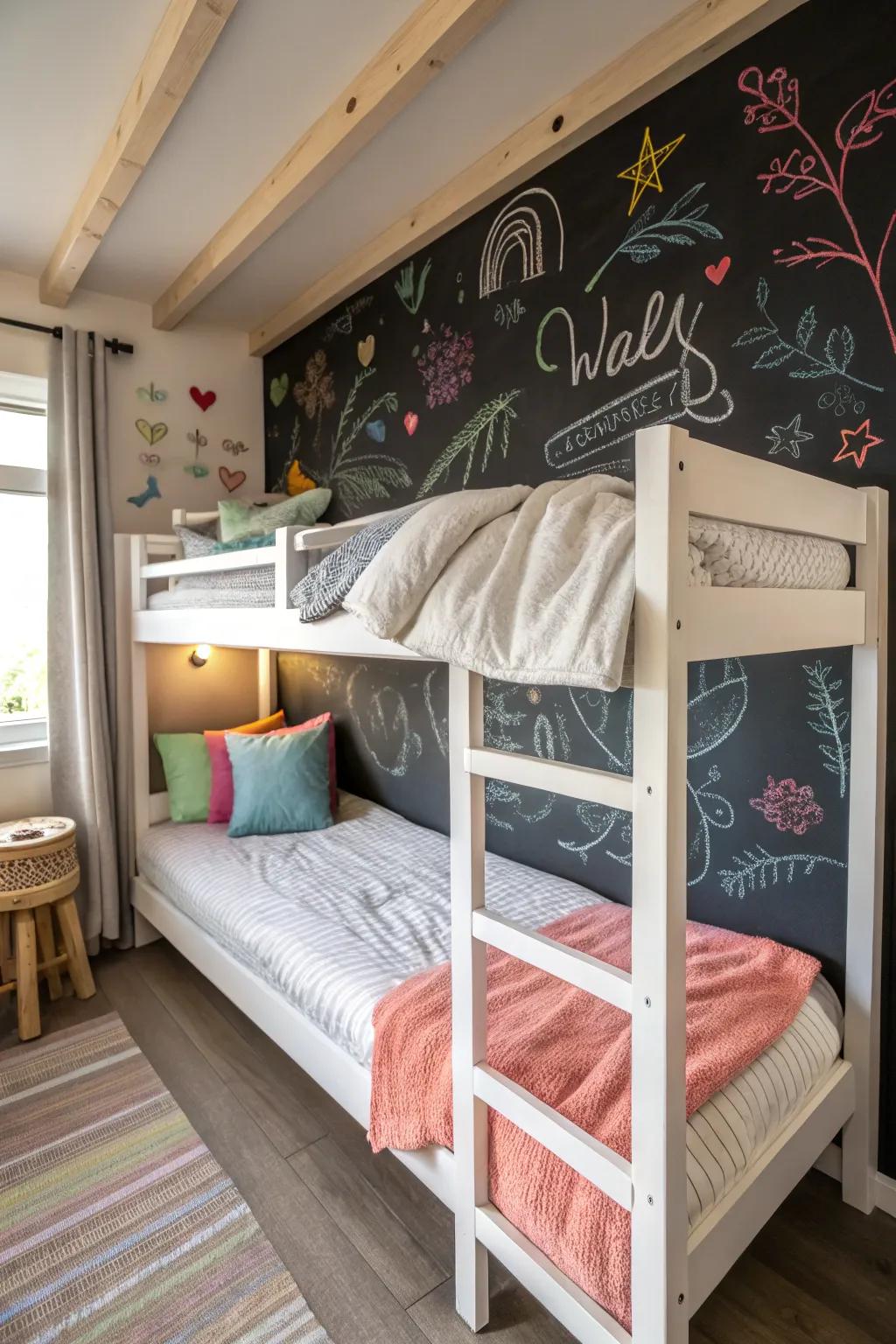 A chalkboard wall encourages creativity and play.