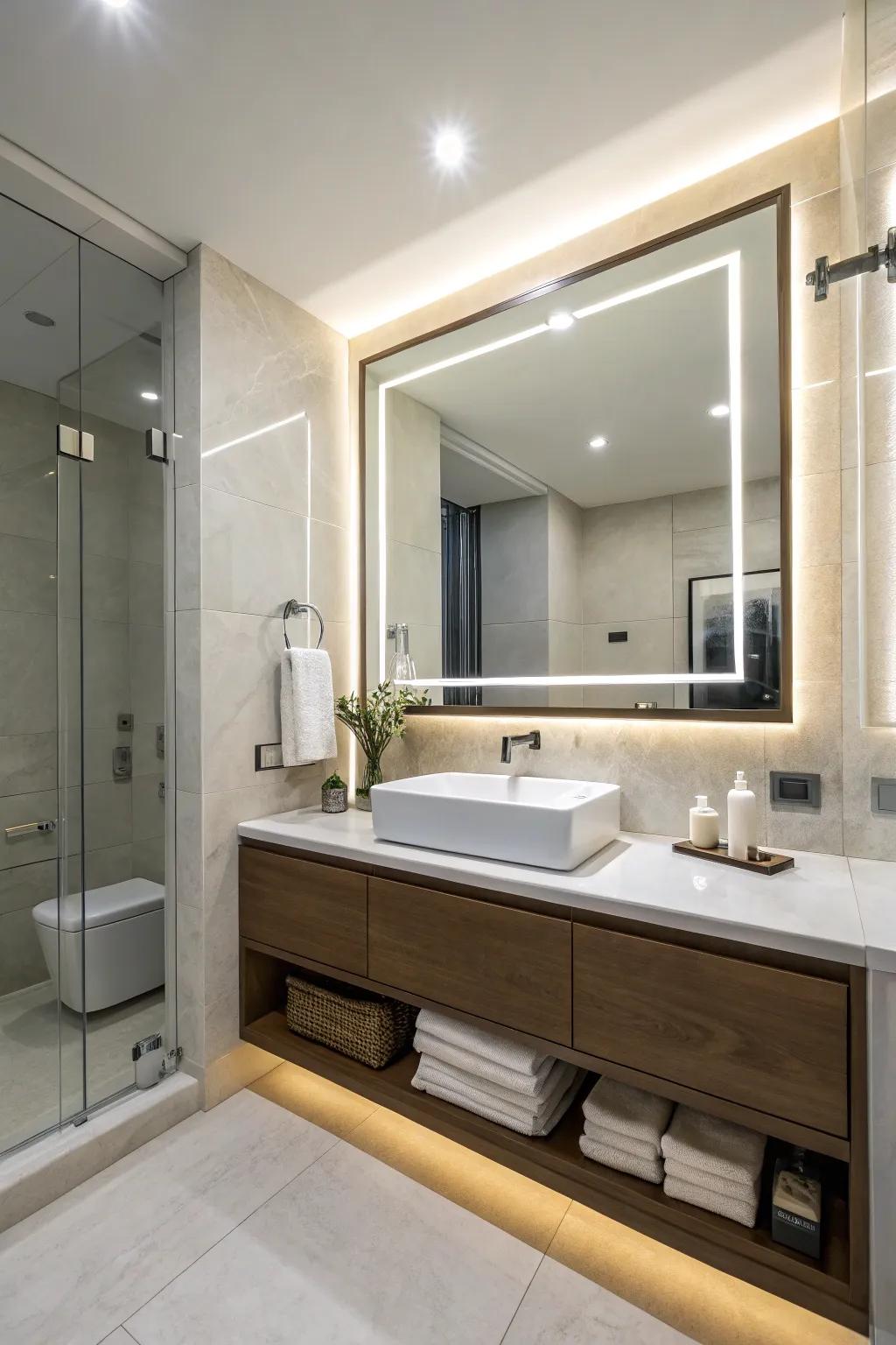 A contemporary bathroom featuring a backlit mirror, exemplifying sleek design.