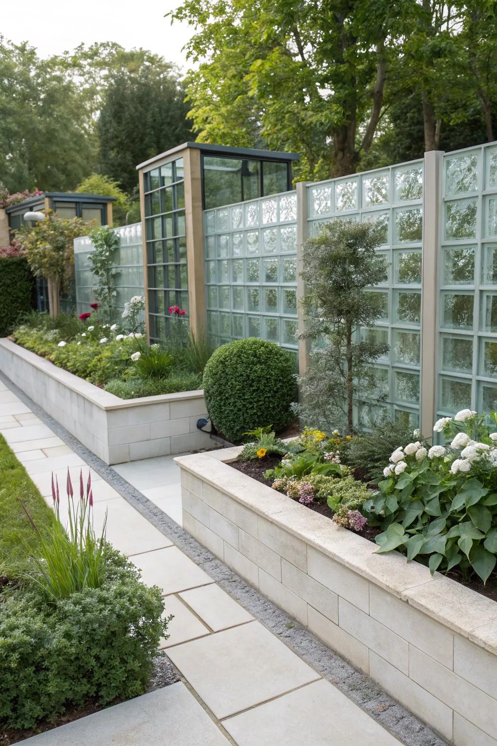 A garden featuring crystal cube edges, adding a modern and light-catching element to the landscape.