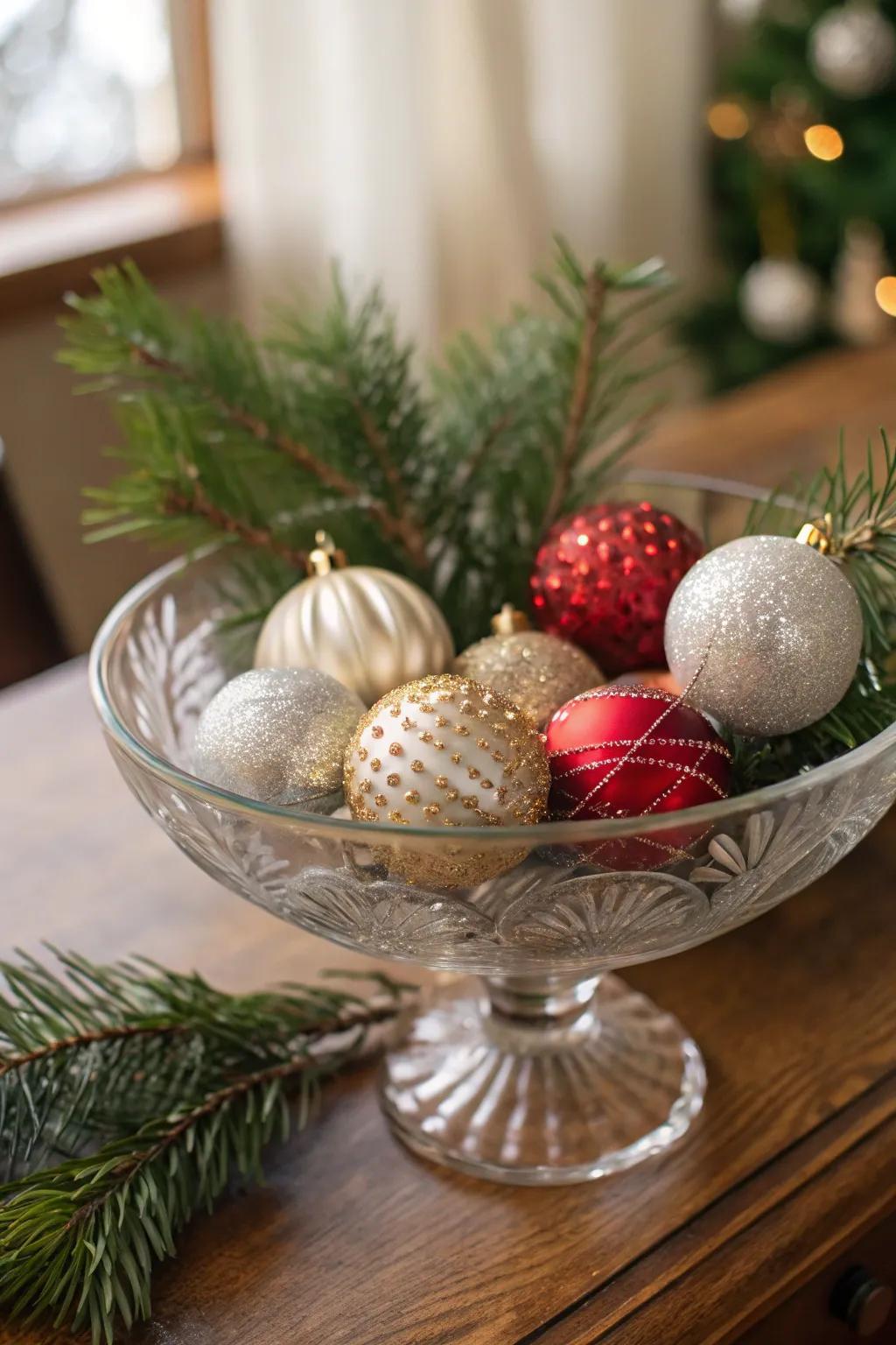 Age-old baubles impart timeworn charm to a crystalline bowl.