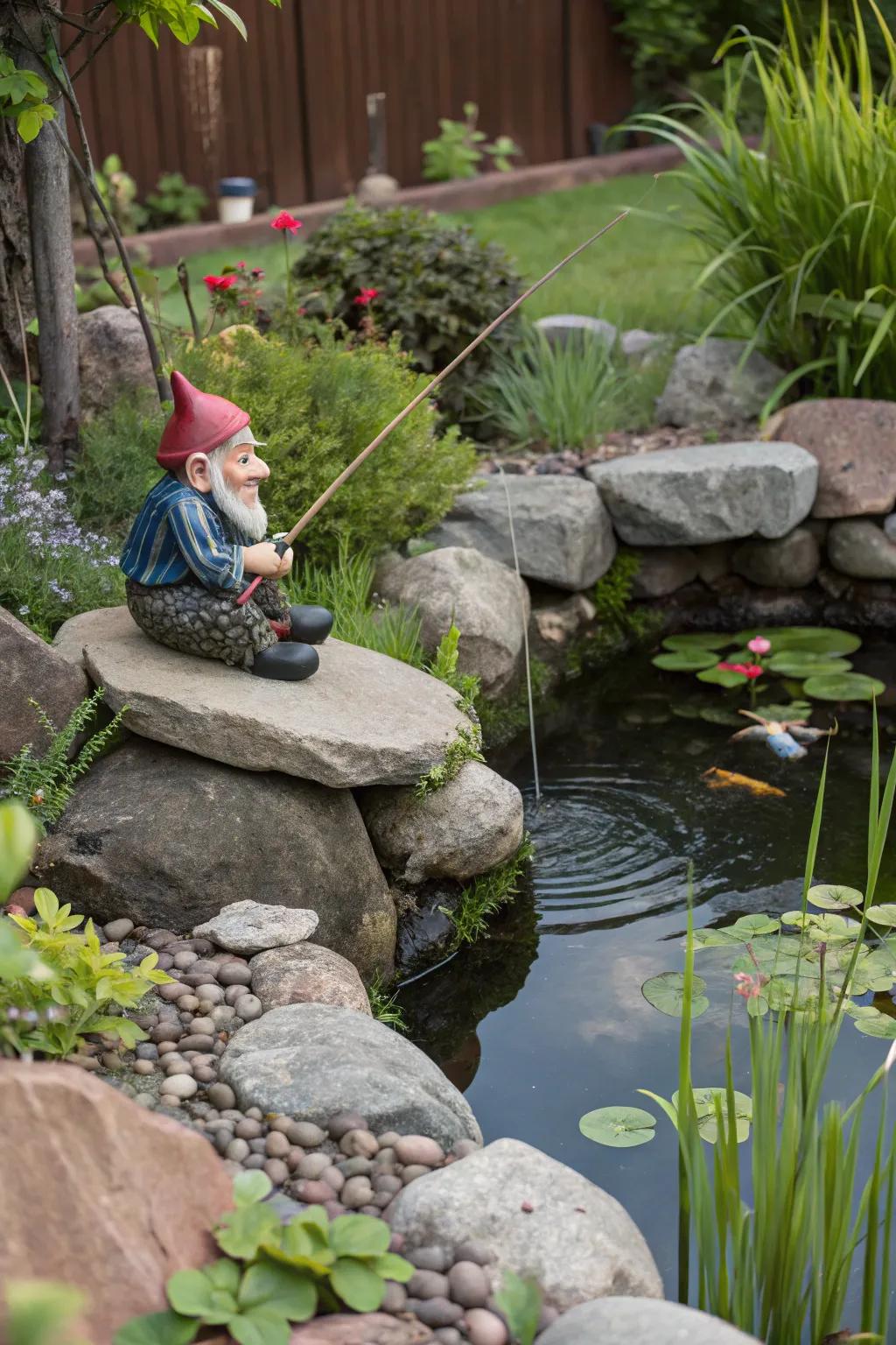 A playful gnome fishing pond for added garden whimsy.