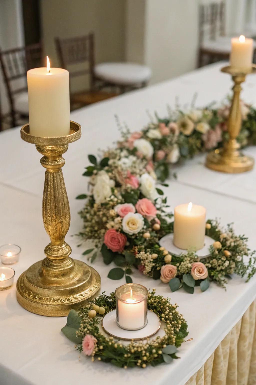 Profuse and sentimental gilded light rings adorned with botanical garlands.