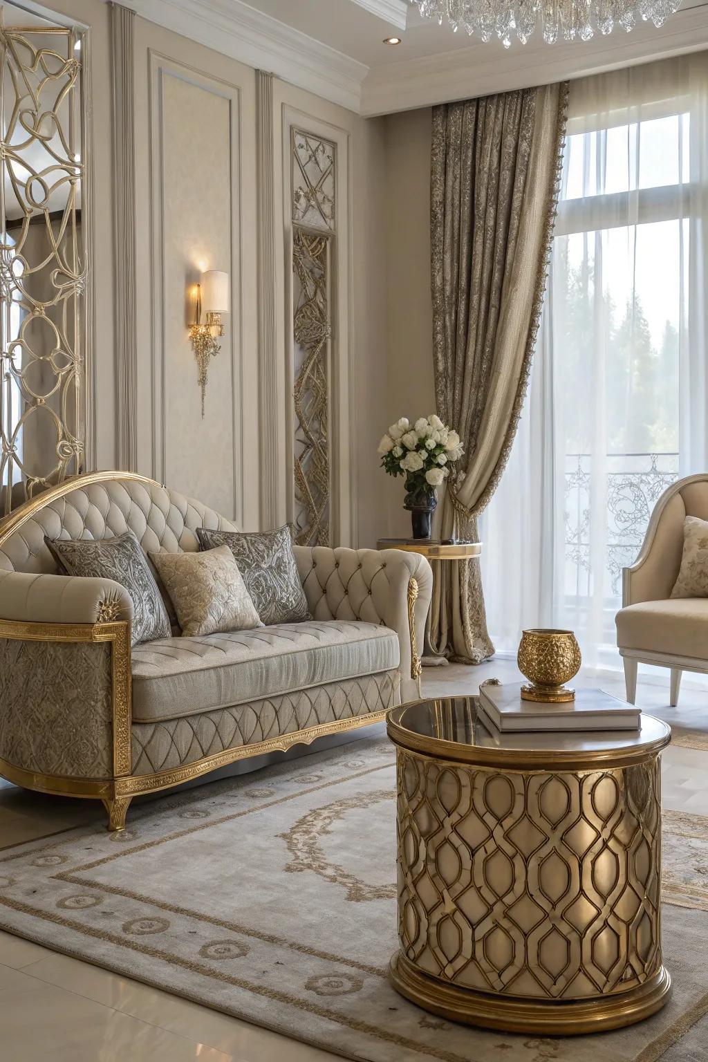 Metallic art elements provide luxury and sophistication.