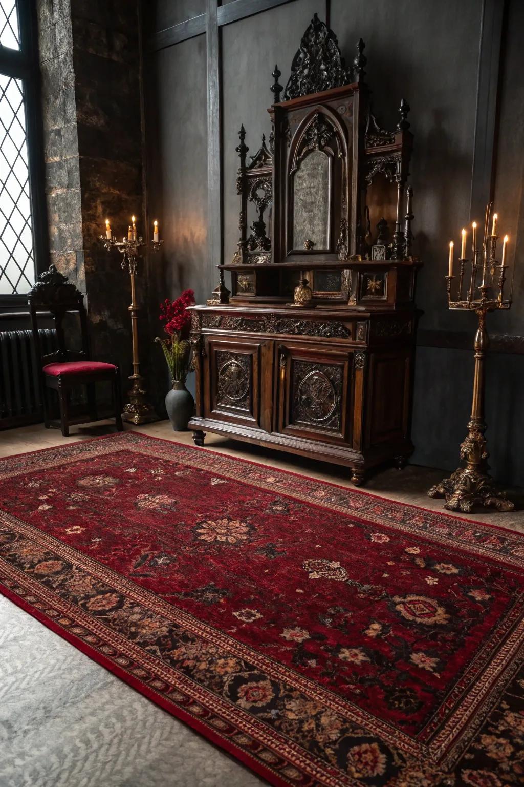 A rich floor covering adds warmth and rounds out the shadowy appearance.