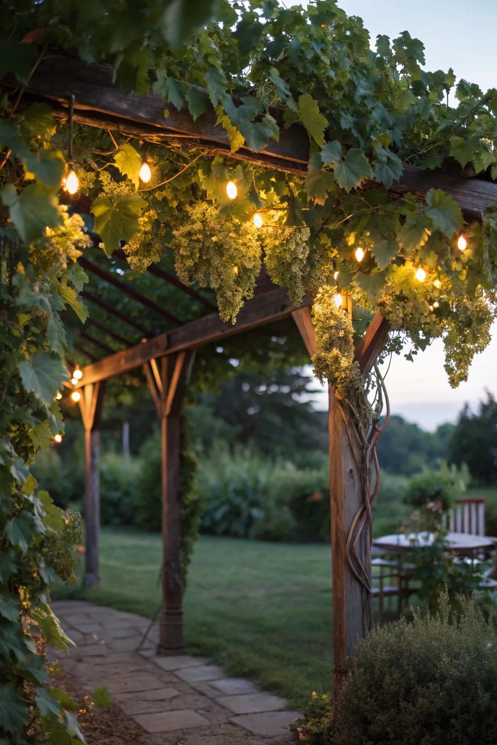Solar lights transform a grape gateway into a magical evening retreat.