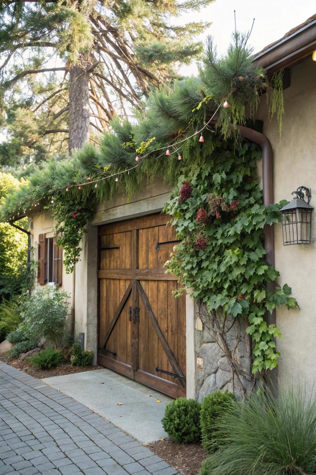 A nature-inspired grapevine swag introduces charm to a garage.