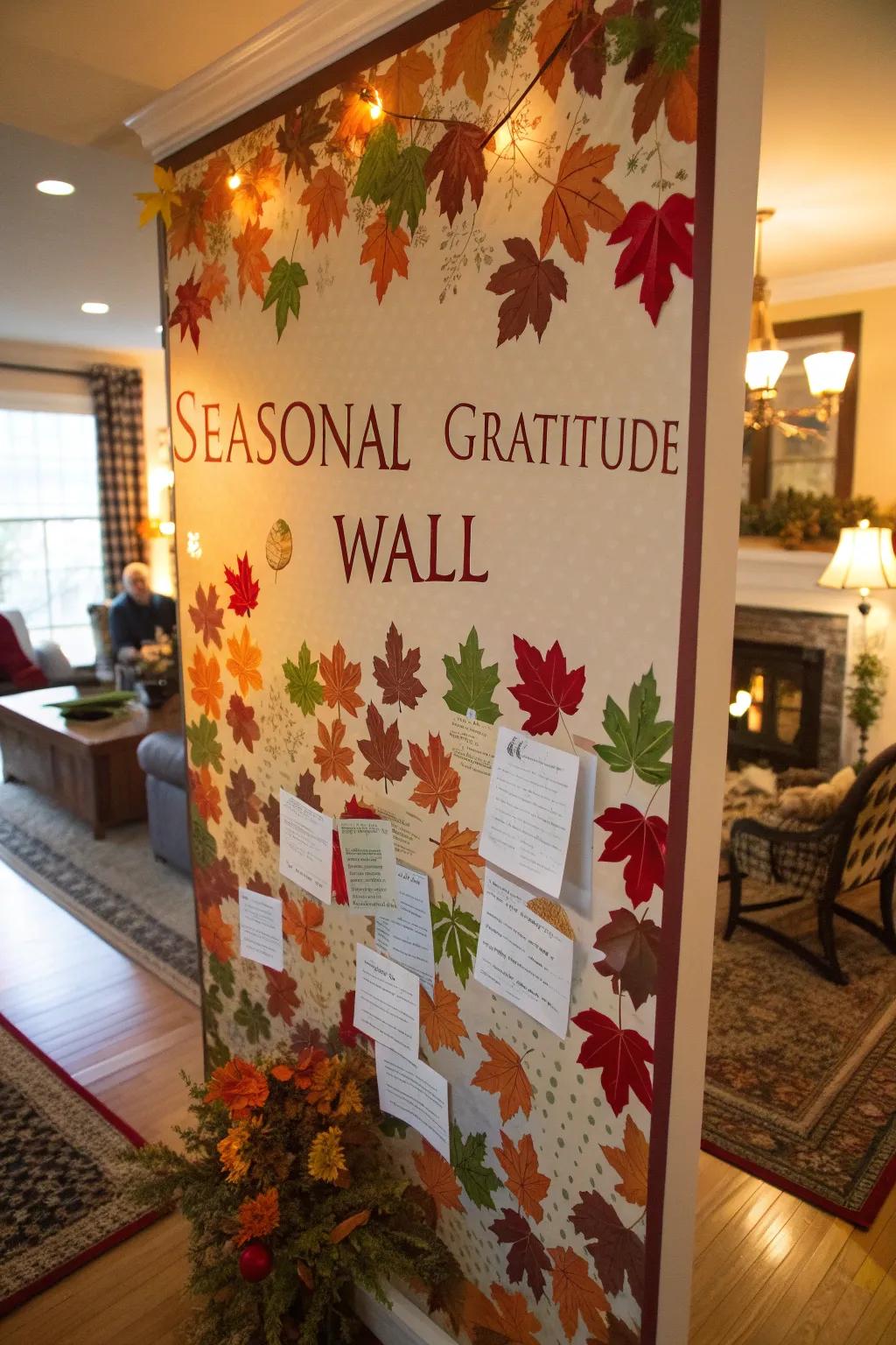 A seasonal gratitude wall with autumnal pieces.