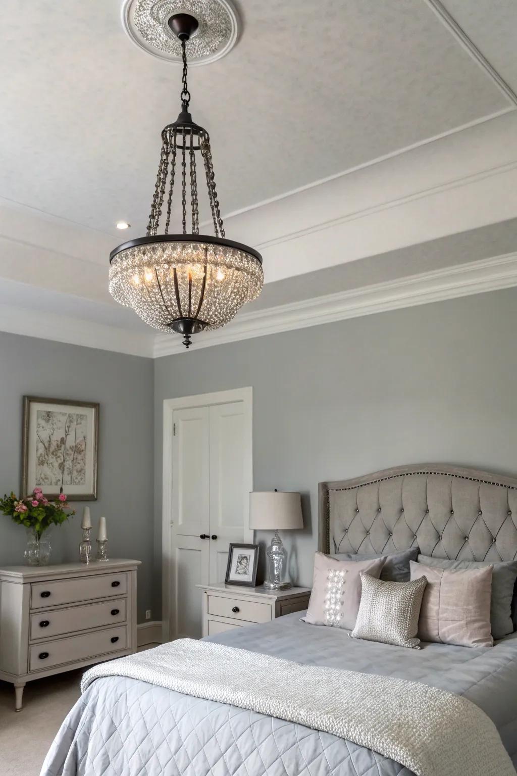 Lighting that functions as a sculptural object within a tranquil gray bedroom.