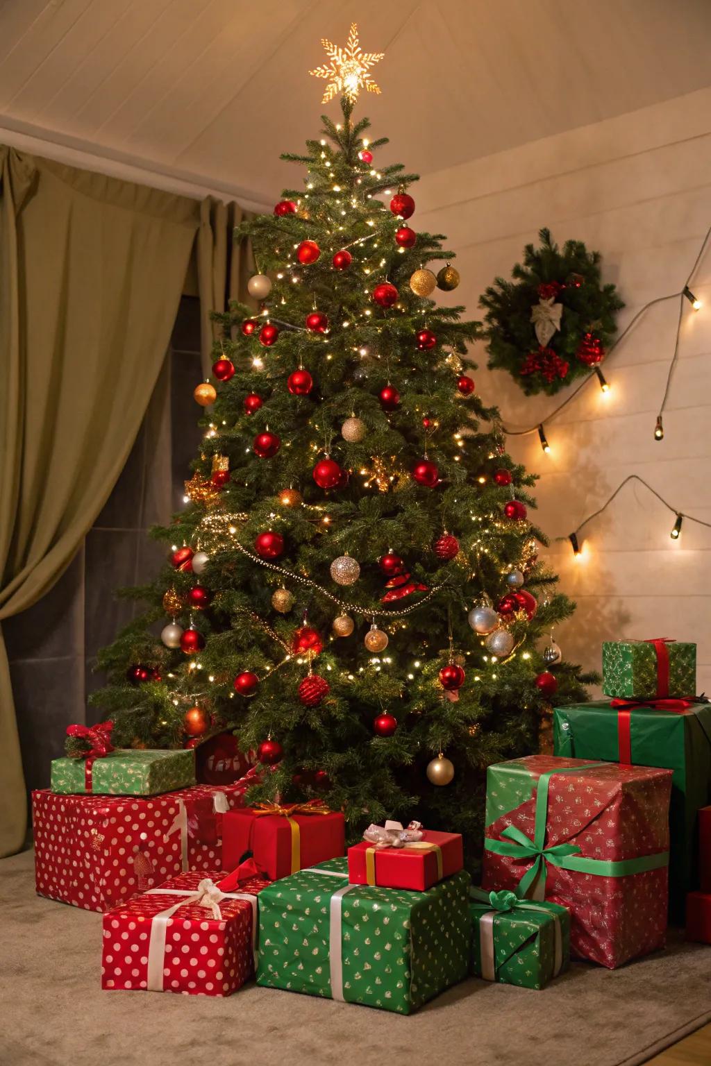 A Christmas tree with perfectly coordinated red and green gifts.