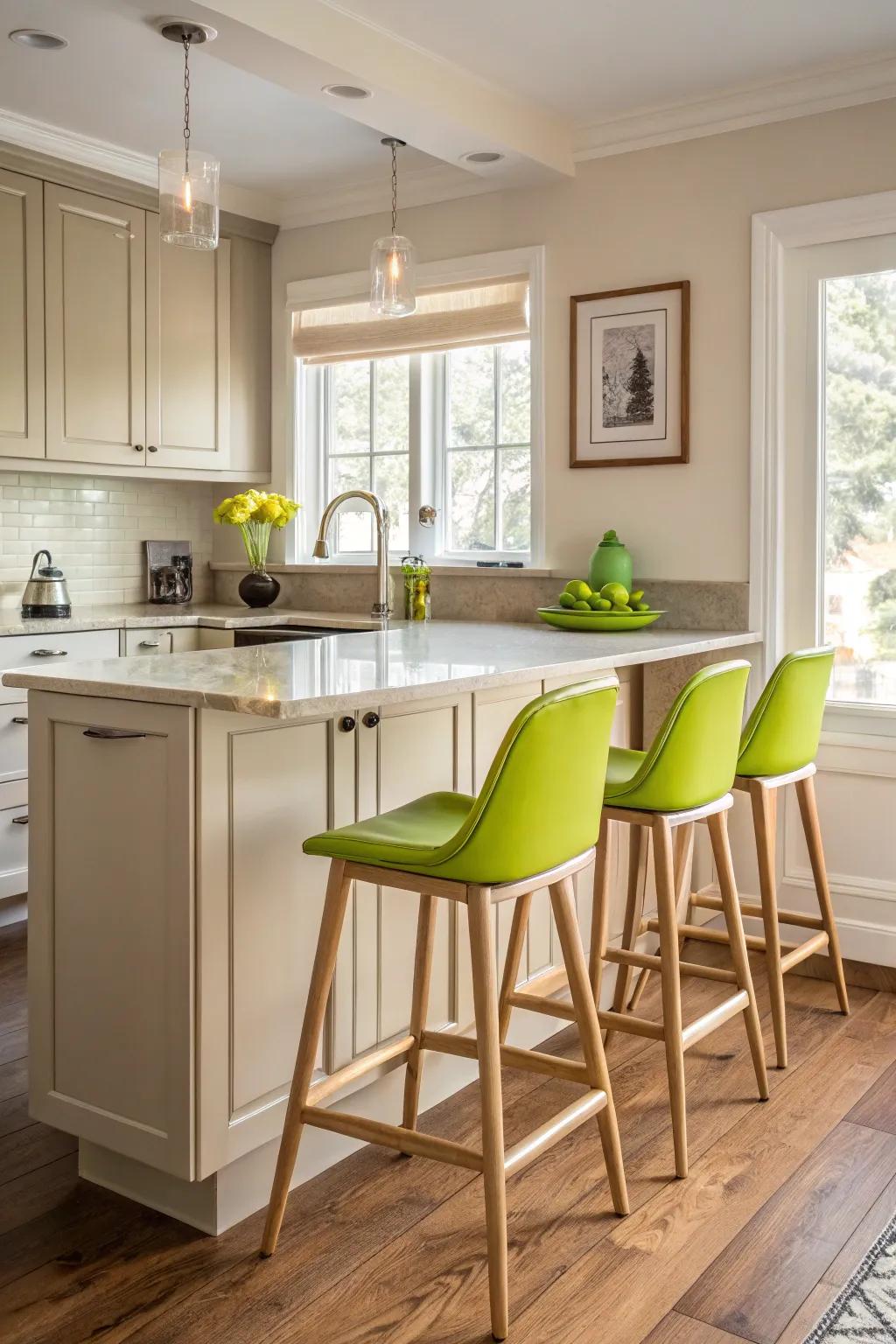 Vibrant green accents include a happy spin to the cooking area.