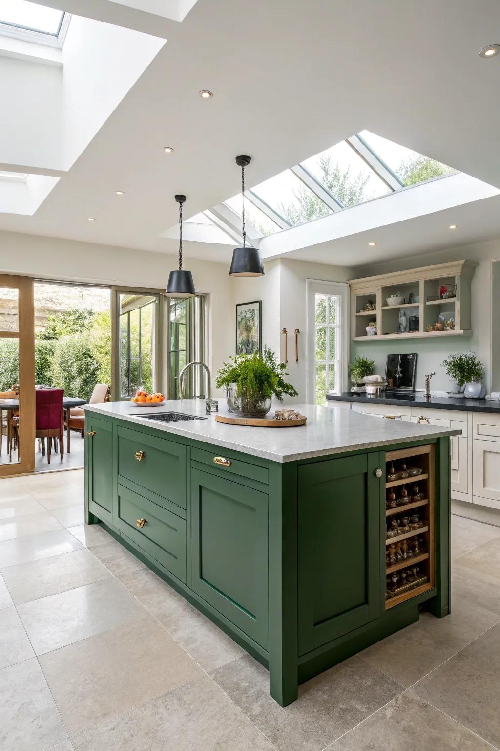 A green central island serving as an impressive centerpiece in an open kitchen design.
