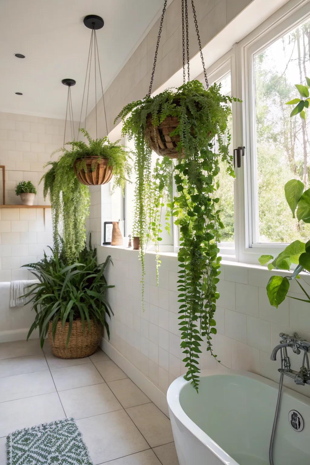 Hanging plants enrich vertical interest and whimsy.