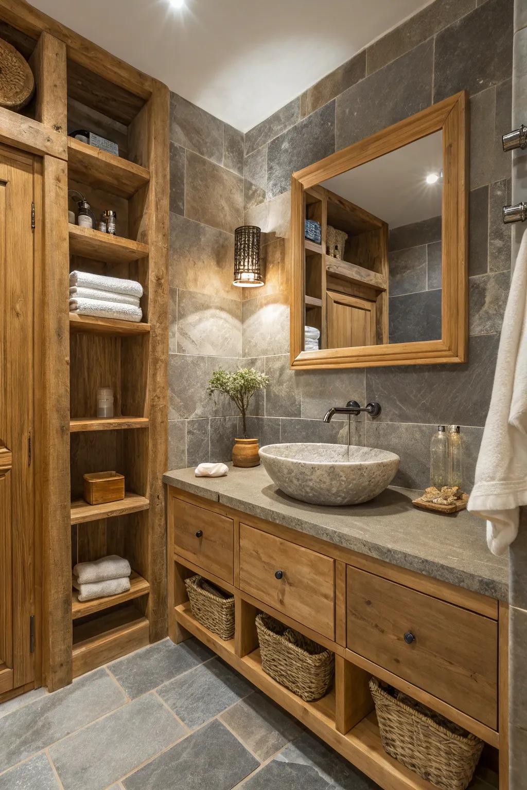 Stone grey walls bring a contemporary rural charm to this naturally inspired bathroom.