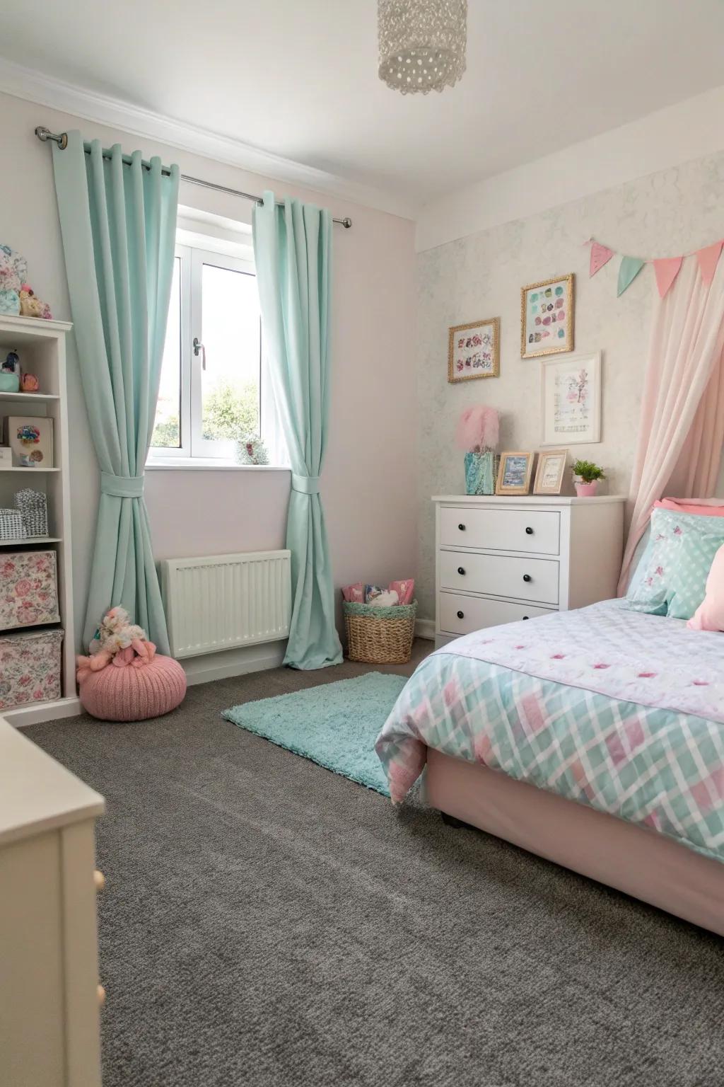 Muted tones enhance the grey carpet, designing a serene and tranquil bedroom.